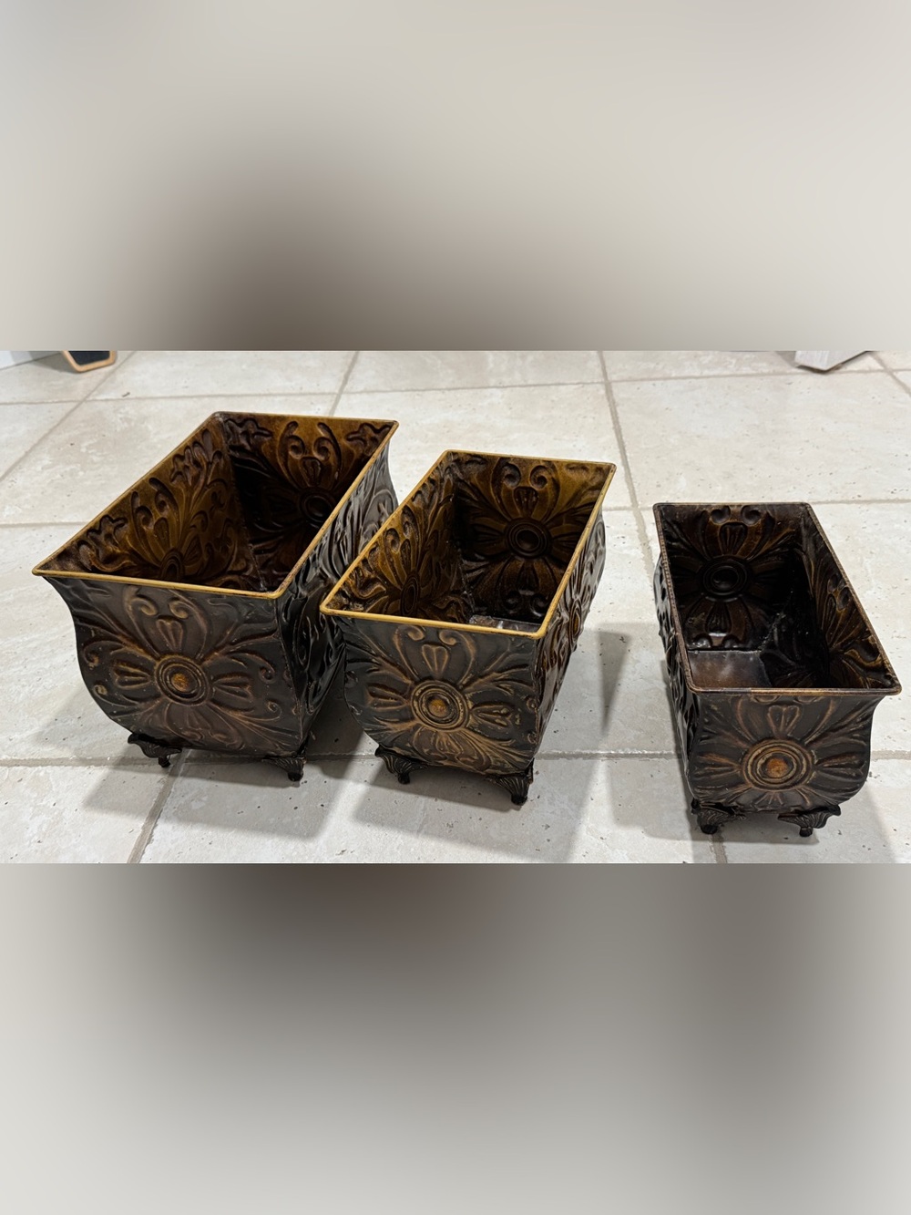 Ornate Floral Metal Planter - Antique Bronze Finish